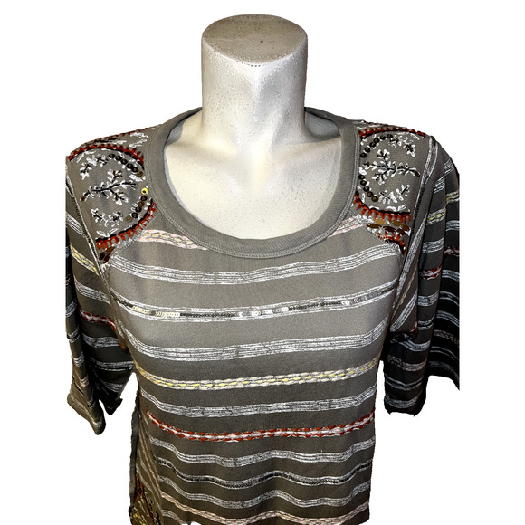 SOFT SURROUNDINGS Top Size M Taupe Striped Embroidered Beaded Artiste Tunic - Picture 2 of 8